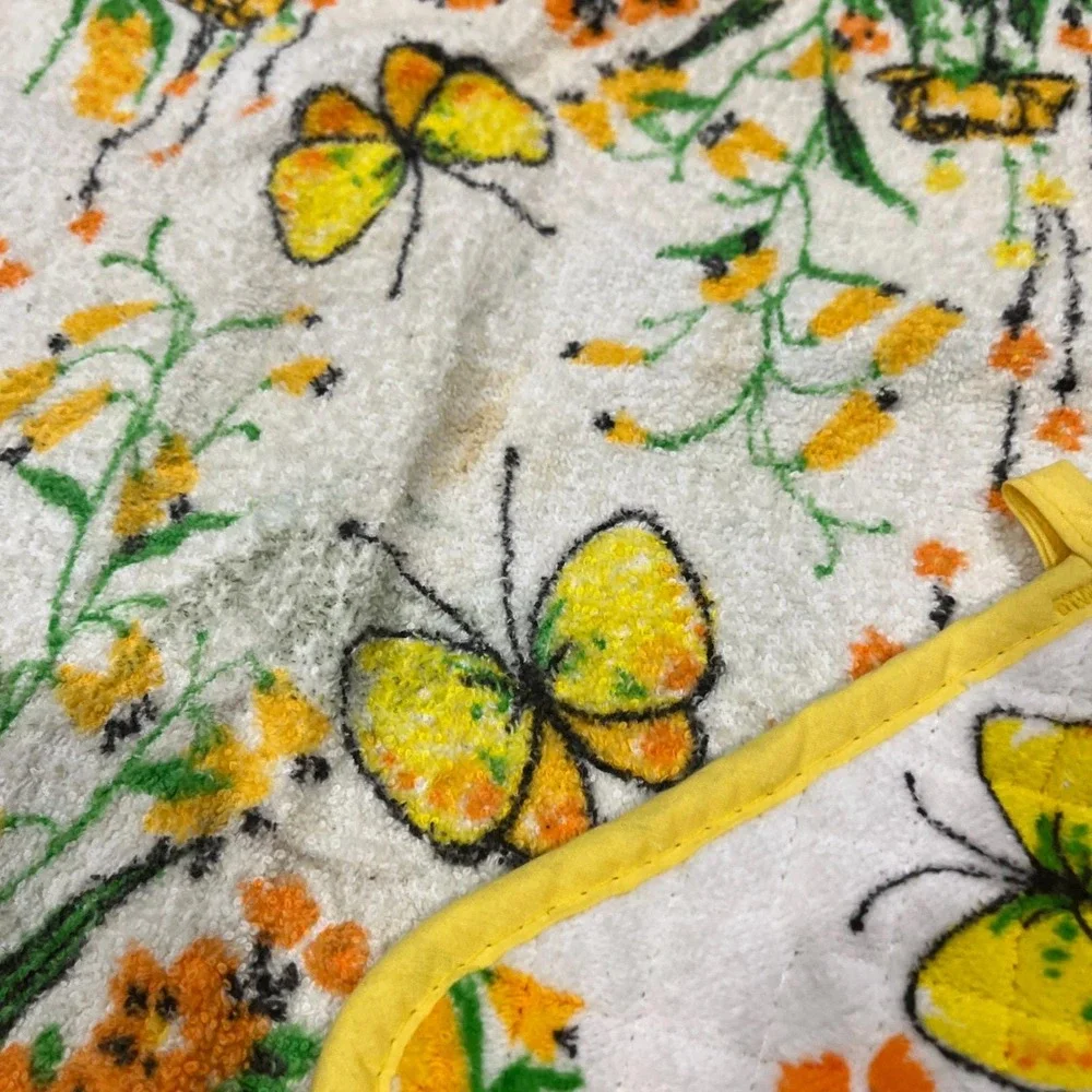 Vintage Sayco Yellow Orange ‎ Butterfly Flowers Print Hot Pad And Kitchen Towel